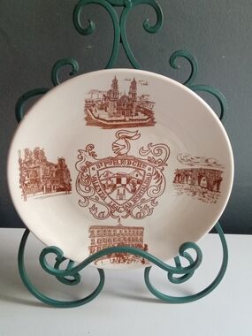 Cream Decorative Crest Serving Platter with Brown Scenic Motifs
